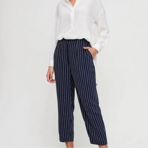 Aritzia Babaton Modesto Black White Pinstripe Straight Leg Trouser Pants - Sz 6 - Picture 1 of 16